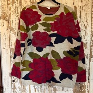 J. Jill Floral Crew Neck Sweater - Red, Green, Navy